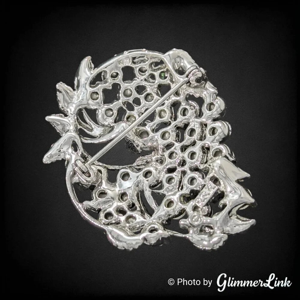 Vintage BSK Blue Aurora Borealis AB Rhinestone Leaves Silver Tone Brooch